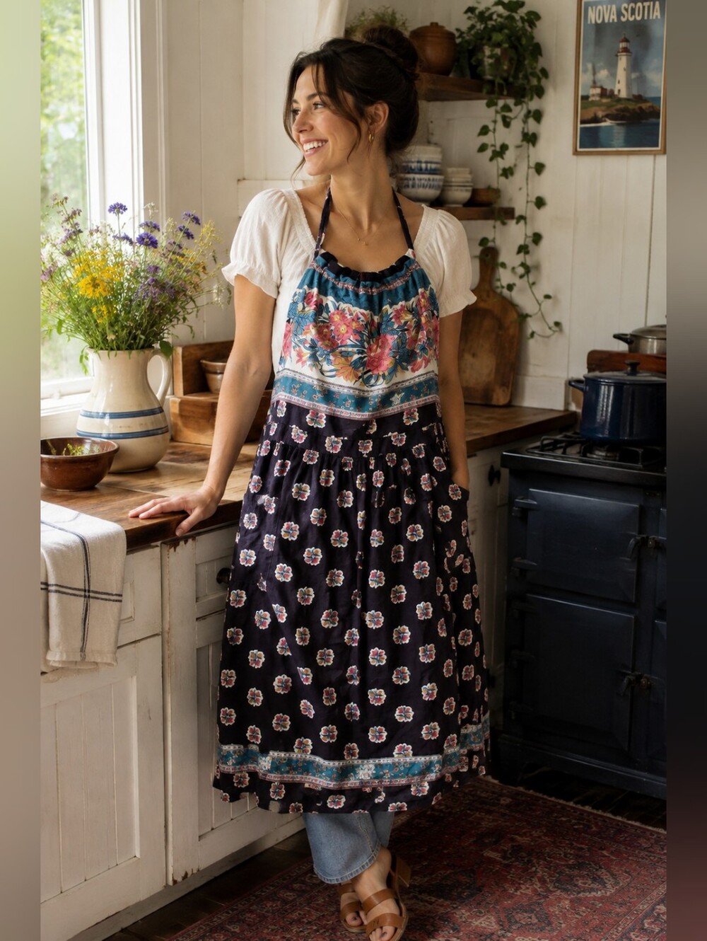 Vintage Suttles And Seawinds Boho Floral Reversible Navy Apron - Nova Scotia